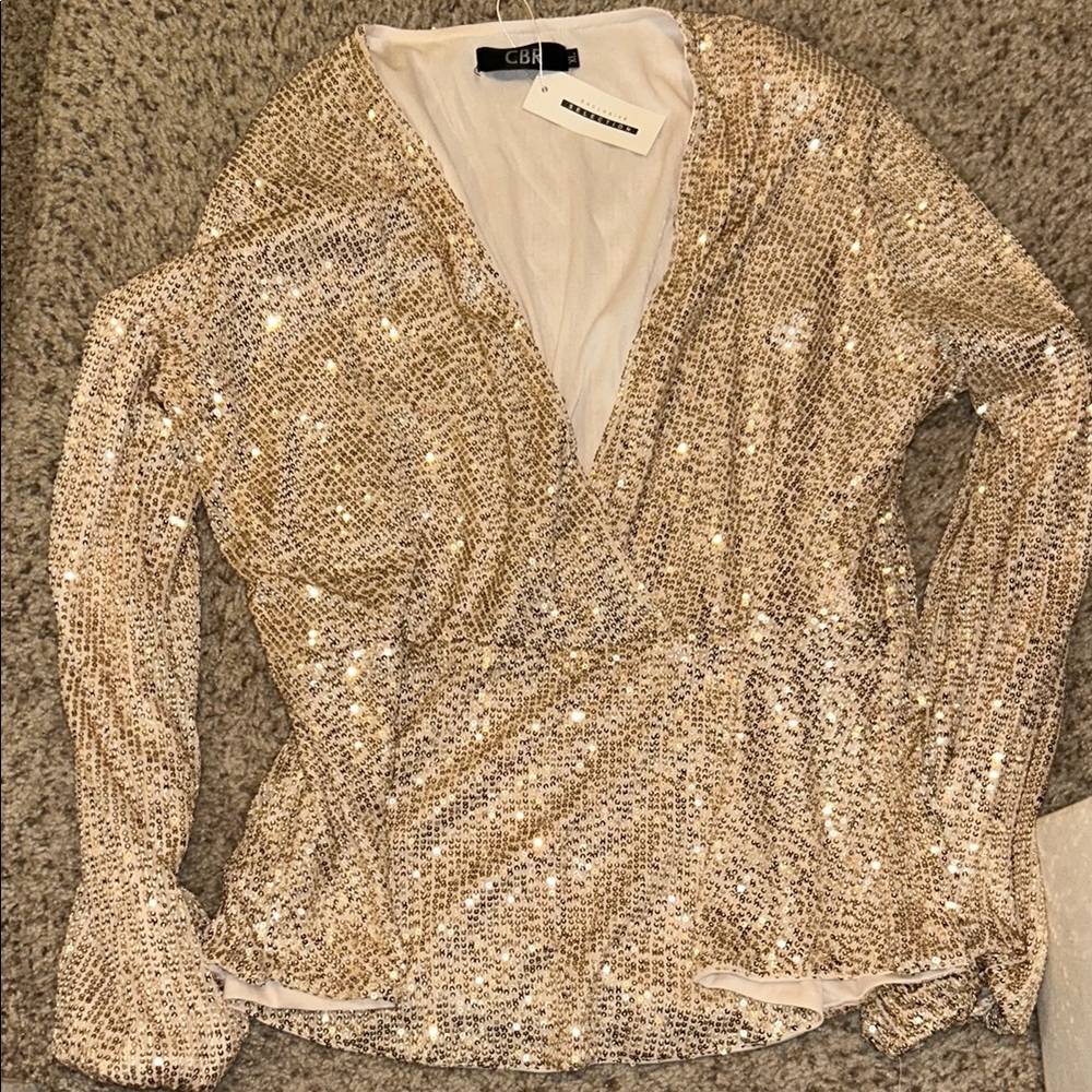 CBR Gold Sequin Wrap-Front Long Sleeve Top